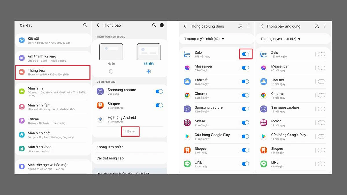 Cách tắt thông báo ứng dụng trên Android Samsung trong cài đặt
