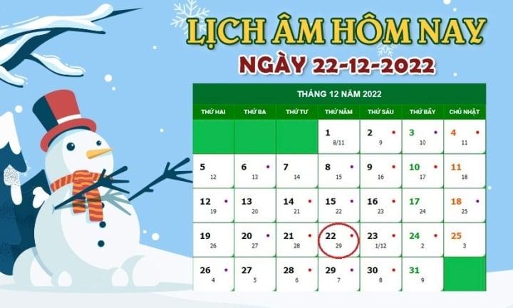 Lịch âm 22/12 - Tra cứu lịch âm hôm nay thứ 5 ngày 22/12/2022 - 1