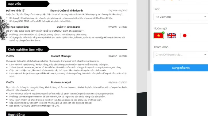 Trang web tạo CV miễn phí vietcv.io Tạo CV chuyên nghiệp dễ dàng