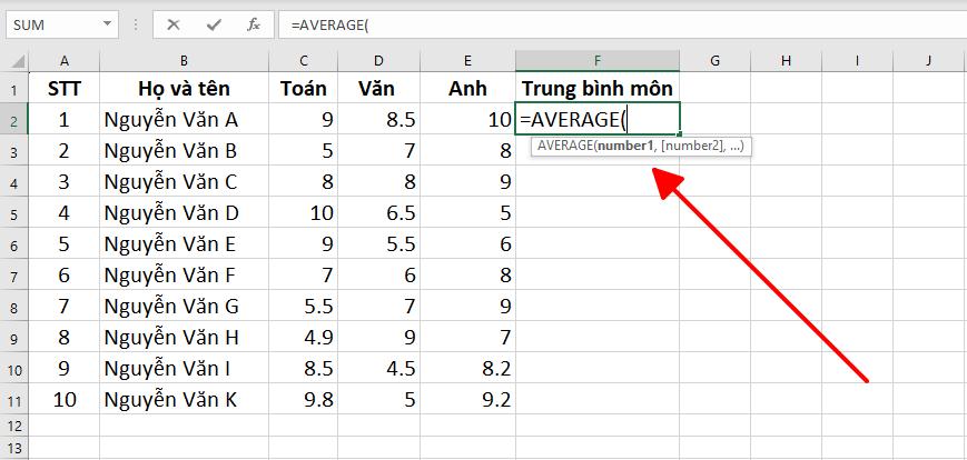 Hướng dẫn cách tính điểm trung bình trong Excel đơn giản