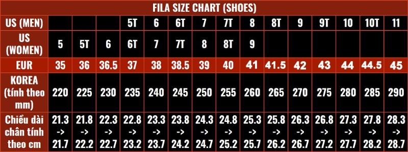 Bảng size giày Fila Hàn Quốc trẻ em nam nữ cập nhật mới nhất