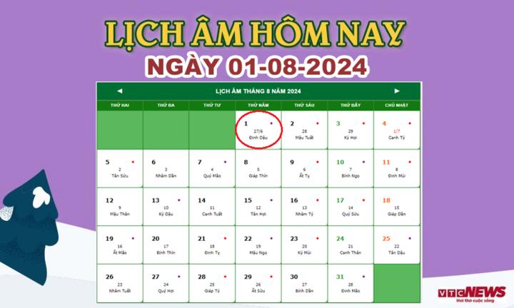 Lịch âm 1/8 - Âm lịch hôm nay 1/8 chính xác nhất - lịch vạn niên 1/8/2024