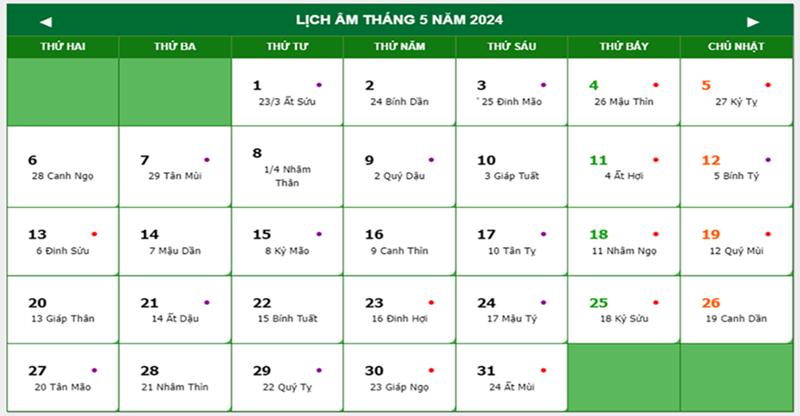 Lịch dương tháng 5 và ngày âm tương ứng