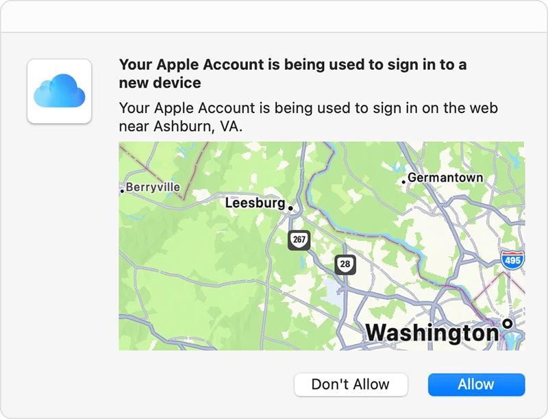 Bản đồ có ghi rõ Washington, DC trên đó. Chú thích cho biết Tài khoản Apple đang được sử dụng để đăng nhập vào trang web gần Ashburn, VA.