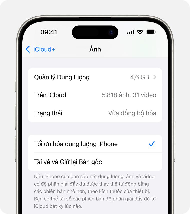 Mục Ảnh iCloud trong phần Cài đặt iCloud hiển thị các tùy chọn trạng thái và dung lượng lưu trữ ảnh